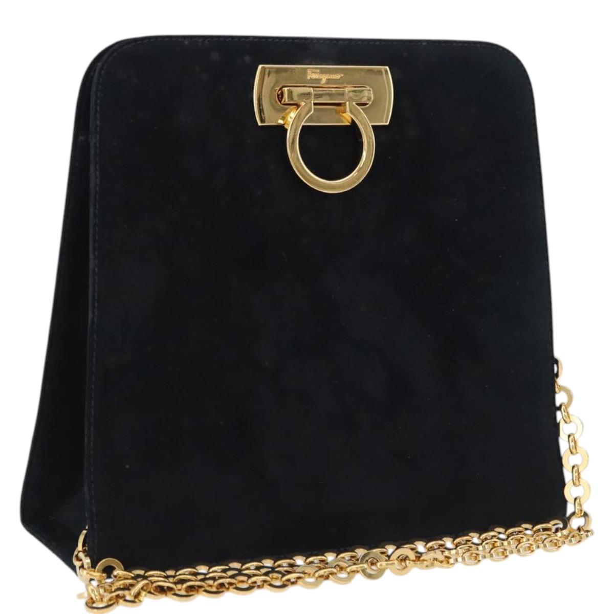 Salvatore Ferragamo Gancini Chain Shoulder Bag Suede Black Gold Auth 140965