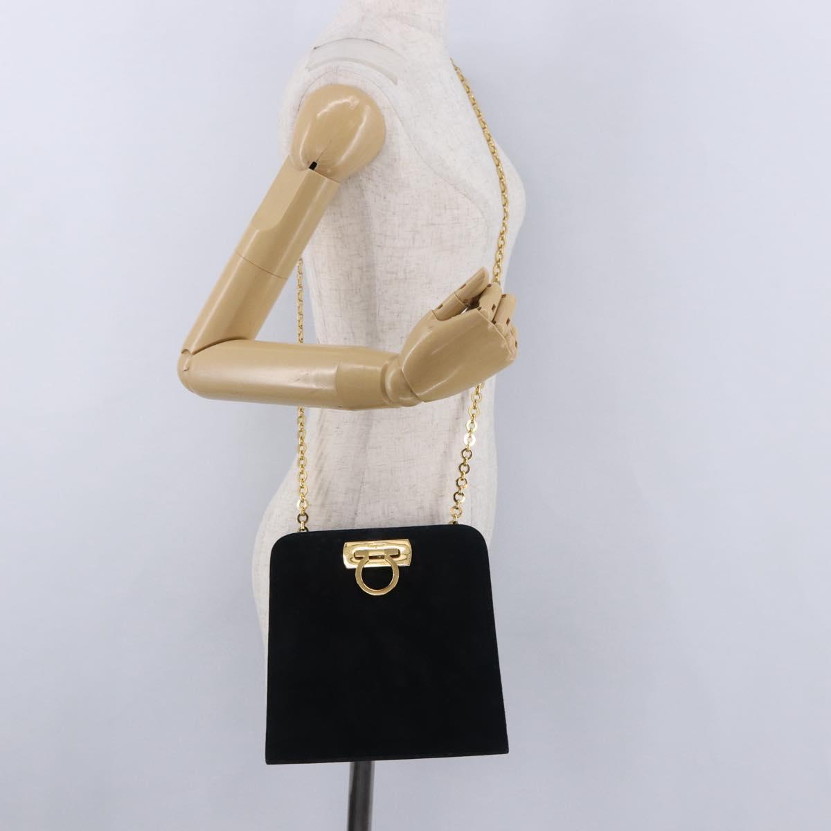 Salvatore Ferragamo Gancini Chain Shoulder Bag Suede Black Gold Auth 140965