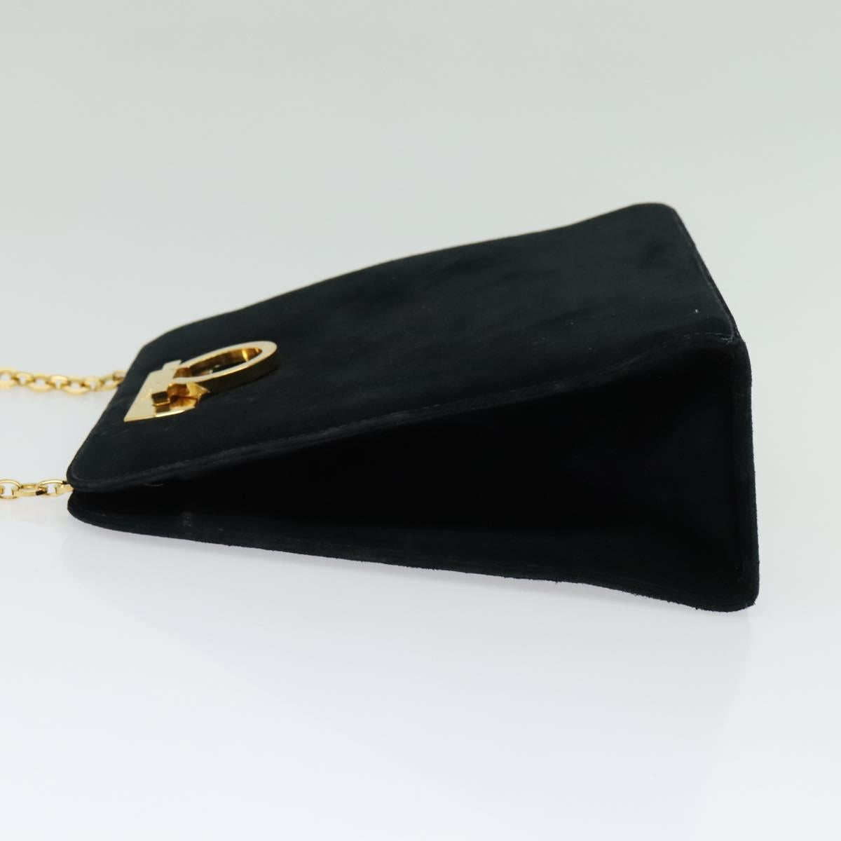 Salvatore Ferragamo Gancini Chain Shoulder Bag Suede Black Gold Auth 140965