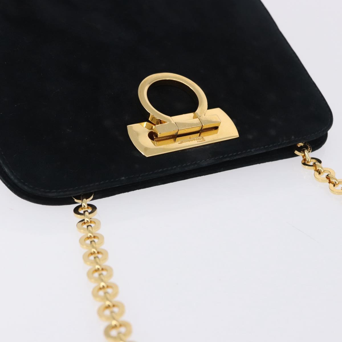 Salvatore Ferragamo Gancini Chain Shoulder Bag Suede Black Gold Auth 140965