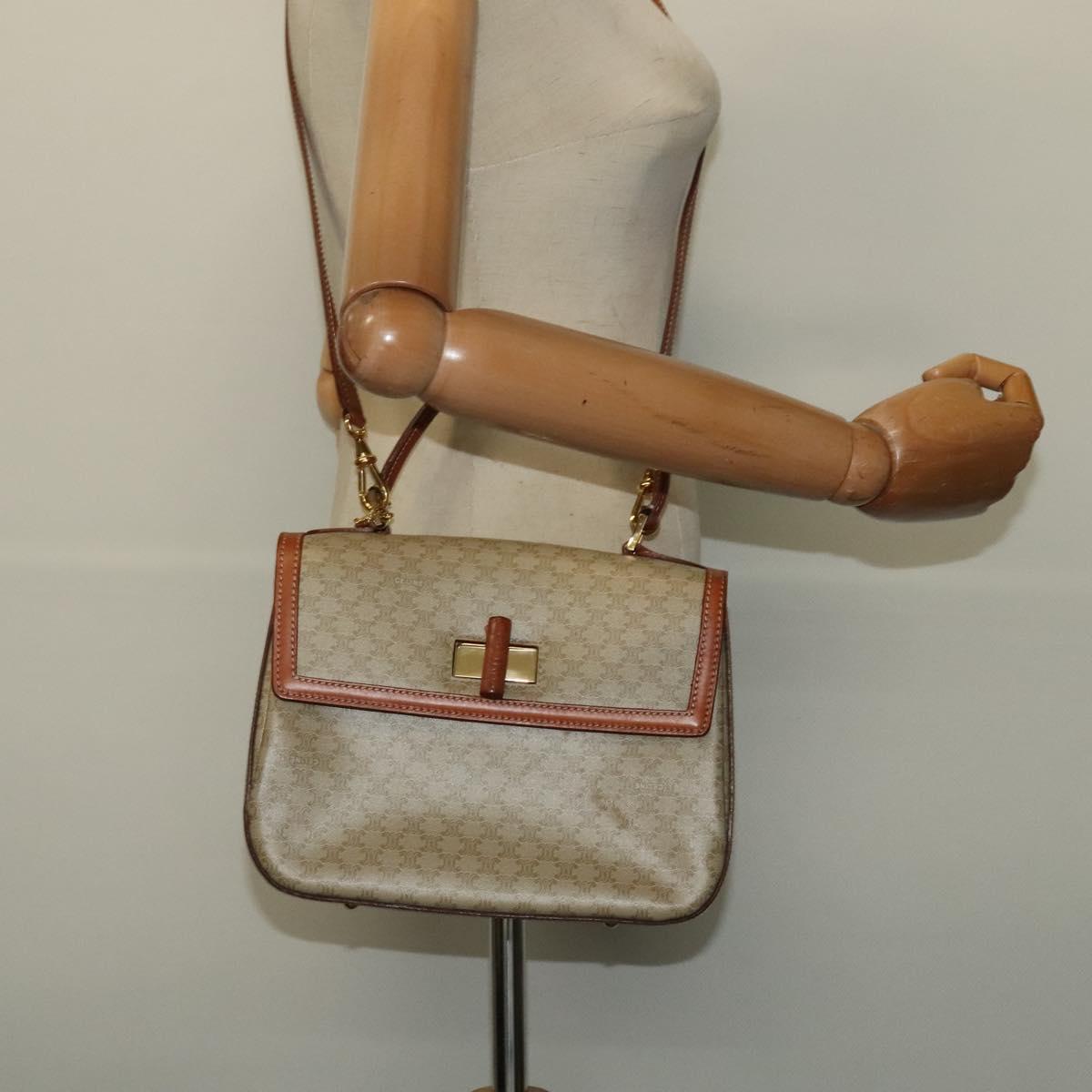 CELINE Macadam Canvas Hand Bag PVC 2way Beige Gold Auth 140987
