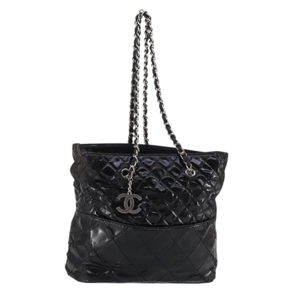 CHANEL Wild Stitch Chain Shoulder Bag Patent leather Black Silver CC Auth 140996