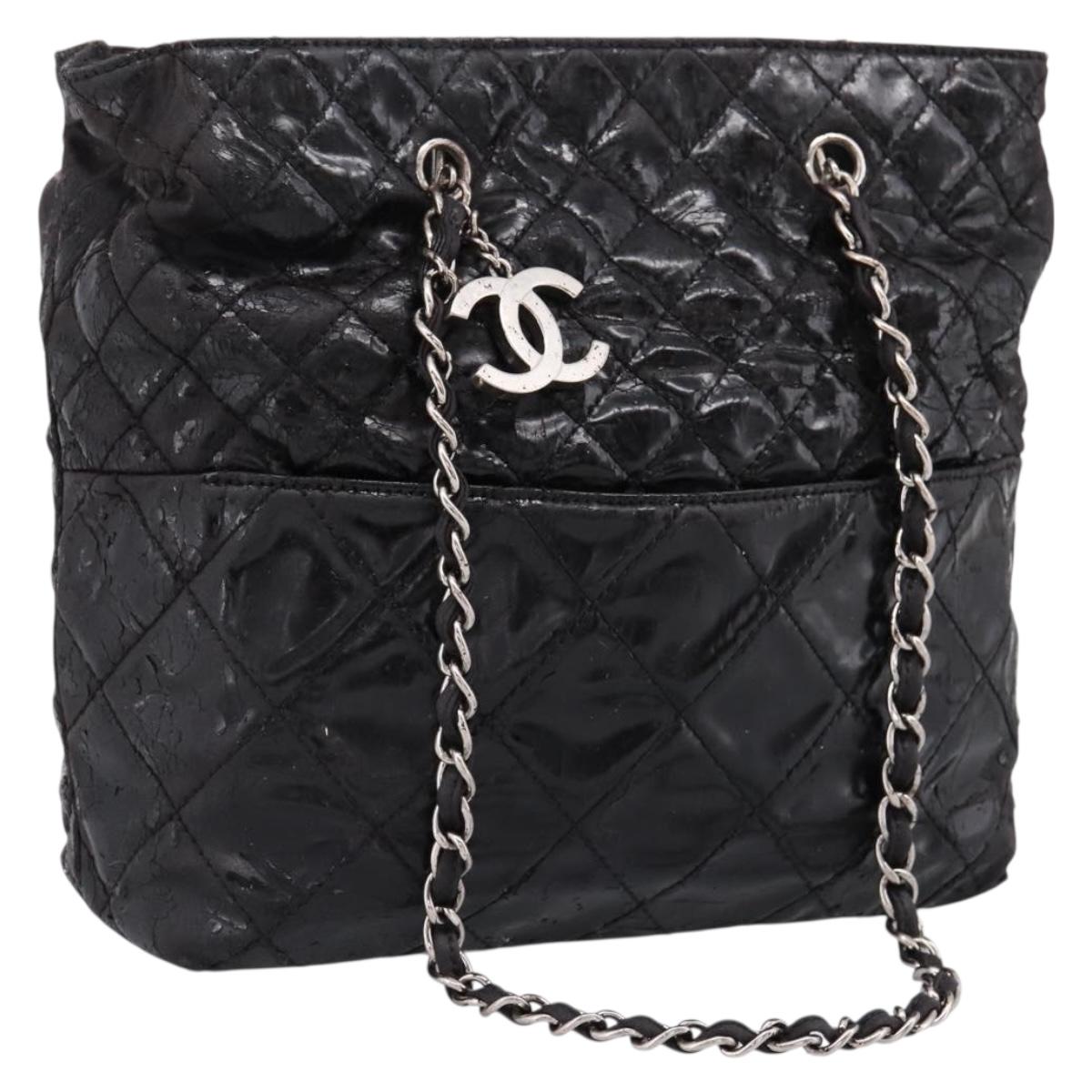 CHANEL Wild Stitch Chain Shoulder Bag Patent leather Black Silver CC Auth 140996