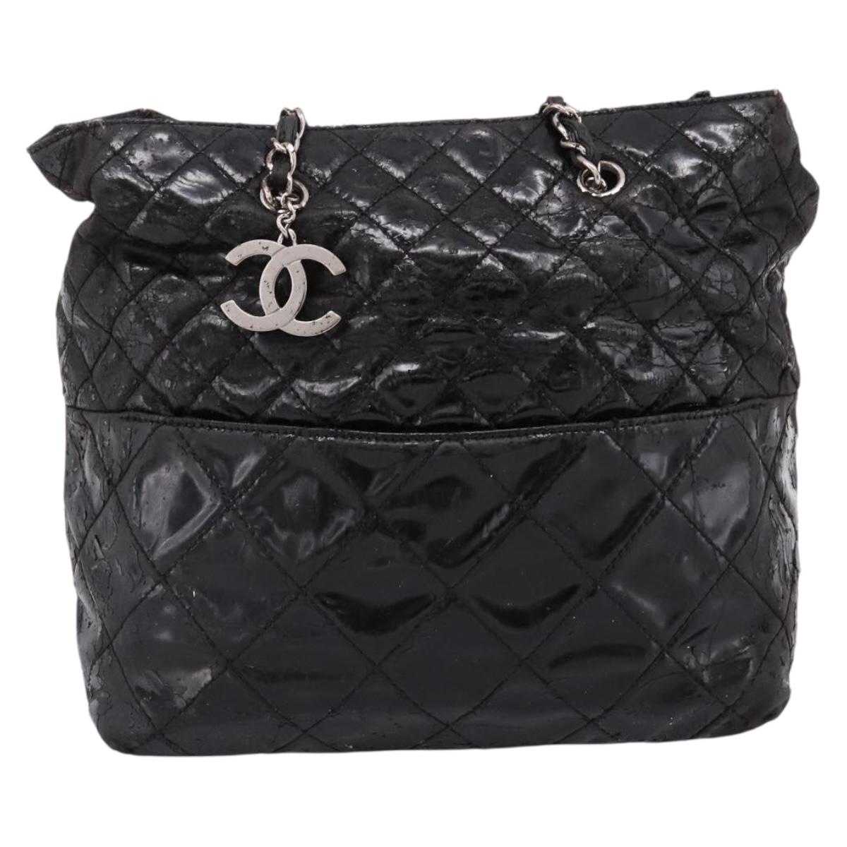 CHANEL Wild Stitch Chain Shoulder Bag Patent leather Black Silver CC Auth 140996