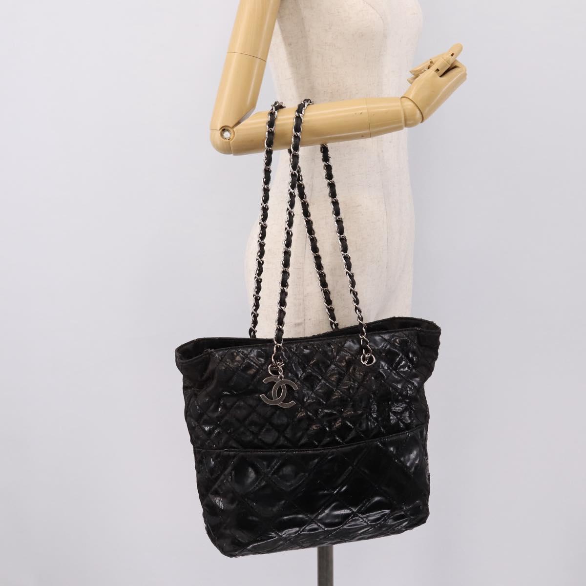 CHANEL Wild Stitch Chain Shoulder Bag Patent leather Black Silver CC Auth 140996