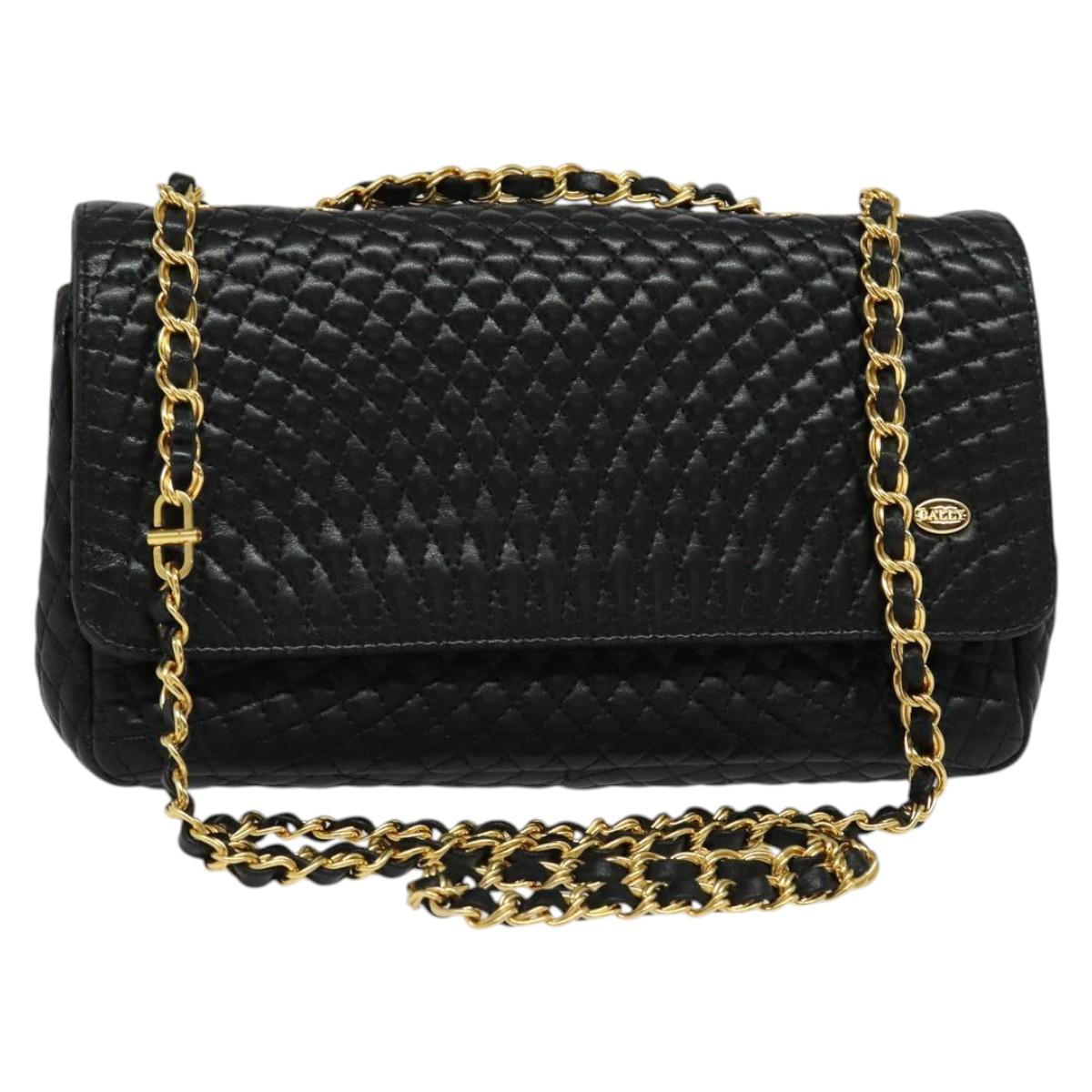 BALLY Chain Shoulder Bag Leather Black Gold Auth 141002