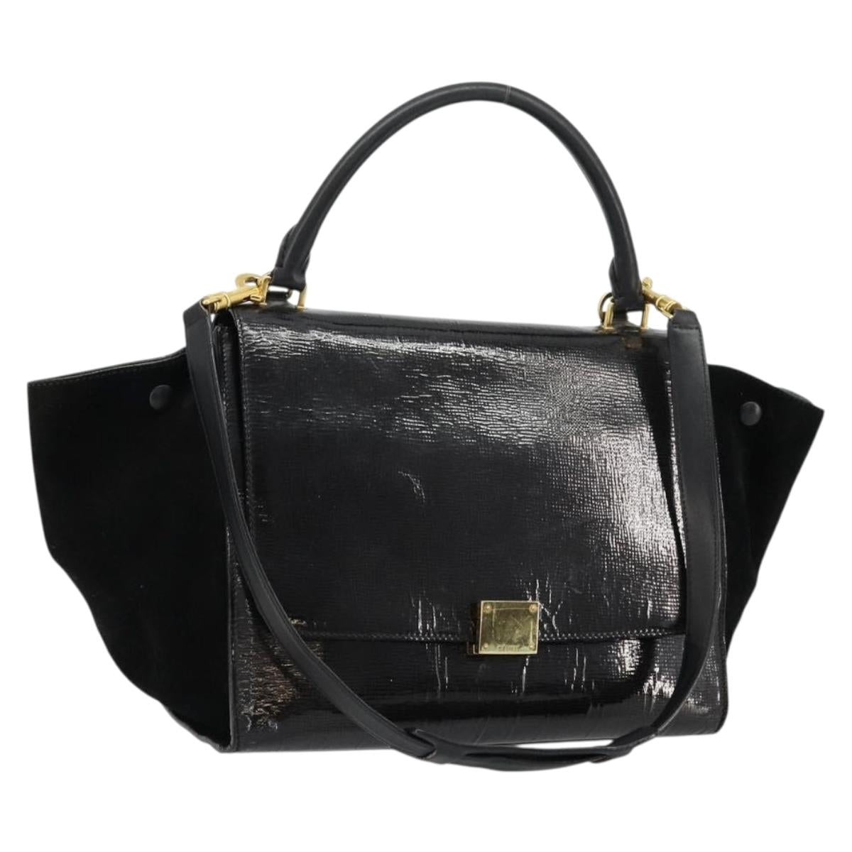 CELINE Trapeze Hand Bag Leather 2way Black Gold Auth 141011