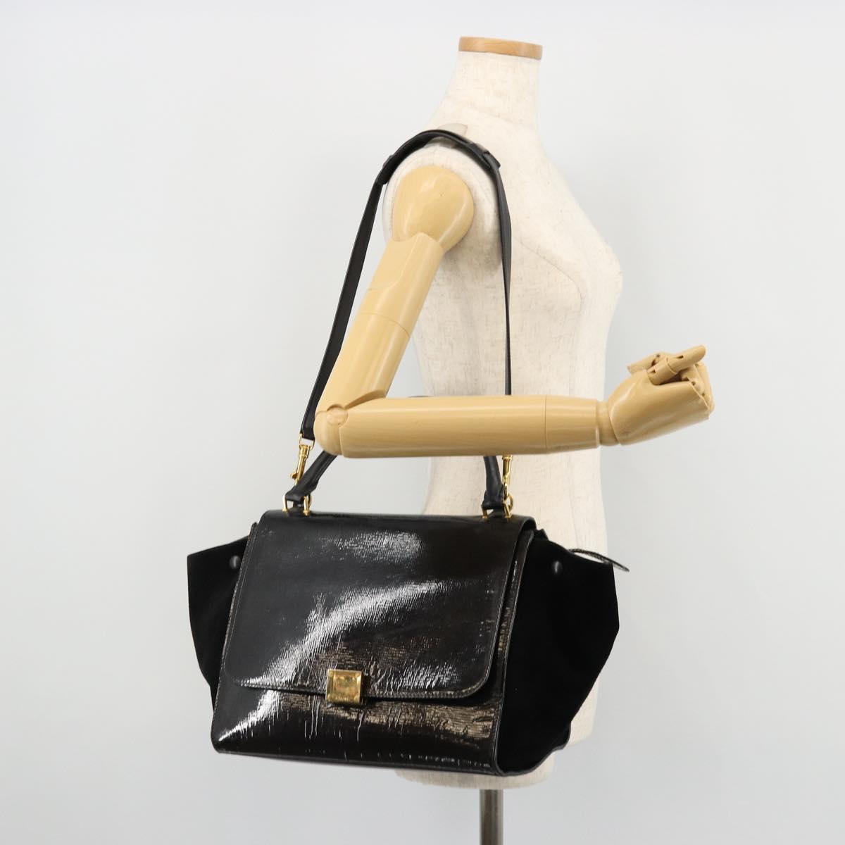 CELINE Trapeze Hand Bag Leather 2way Black Gold Auth 141011
