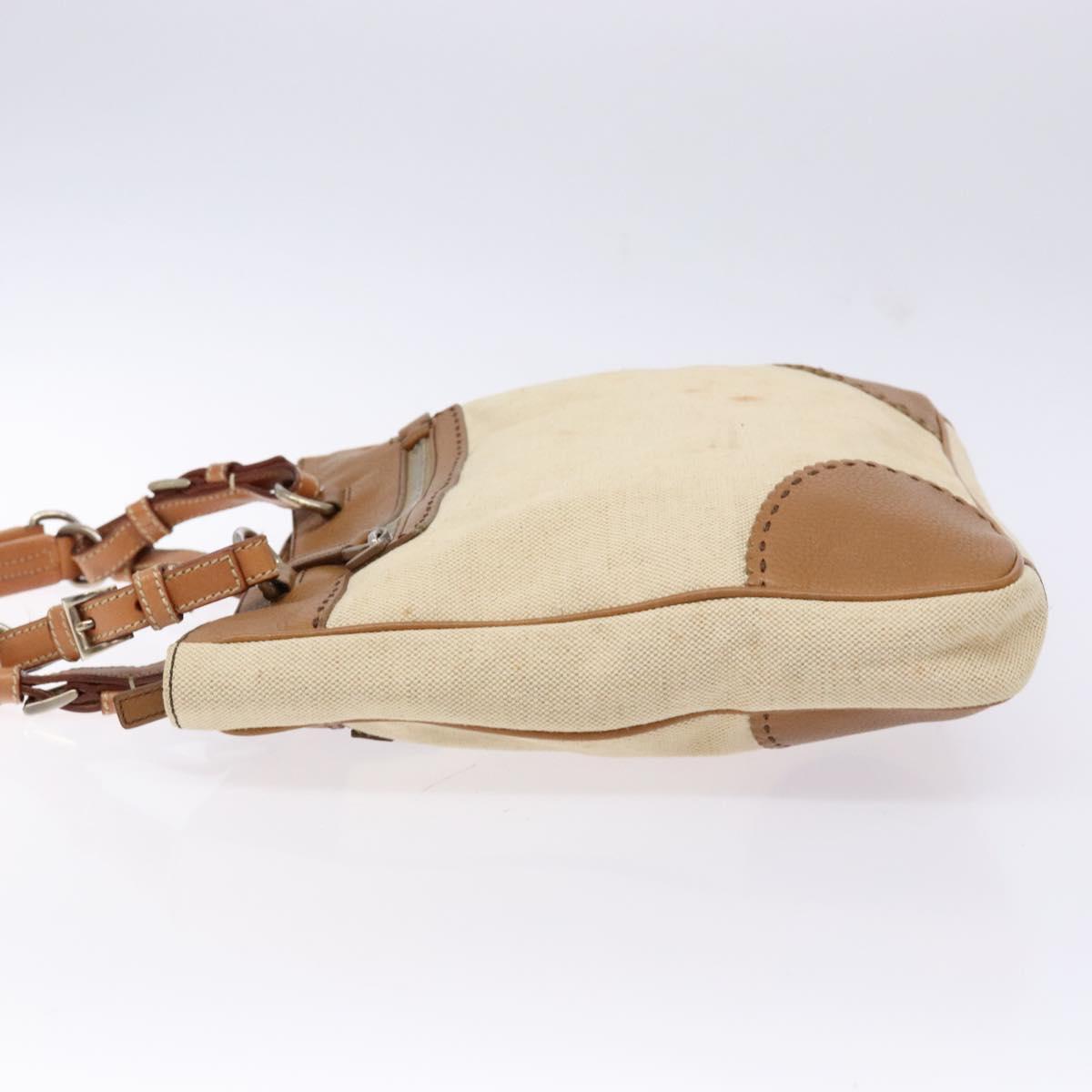 PRADA Tote Bag Canvas Leather Beige Silver Auth 141034