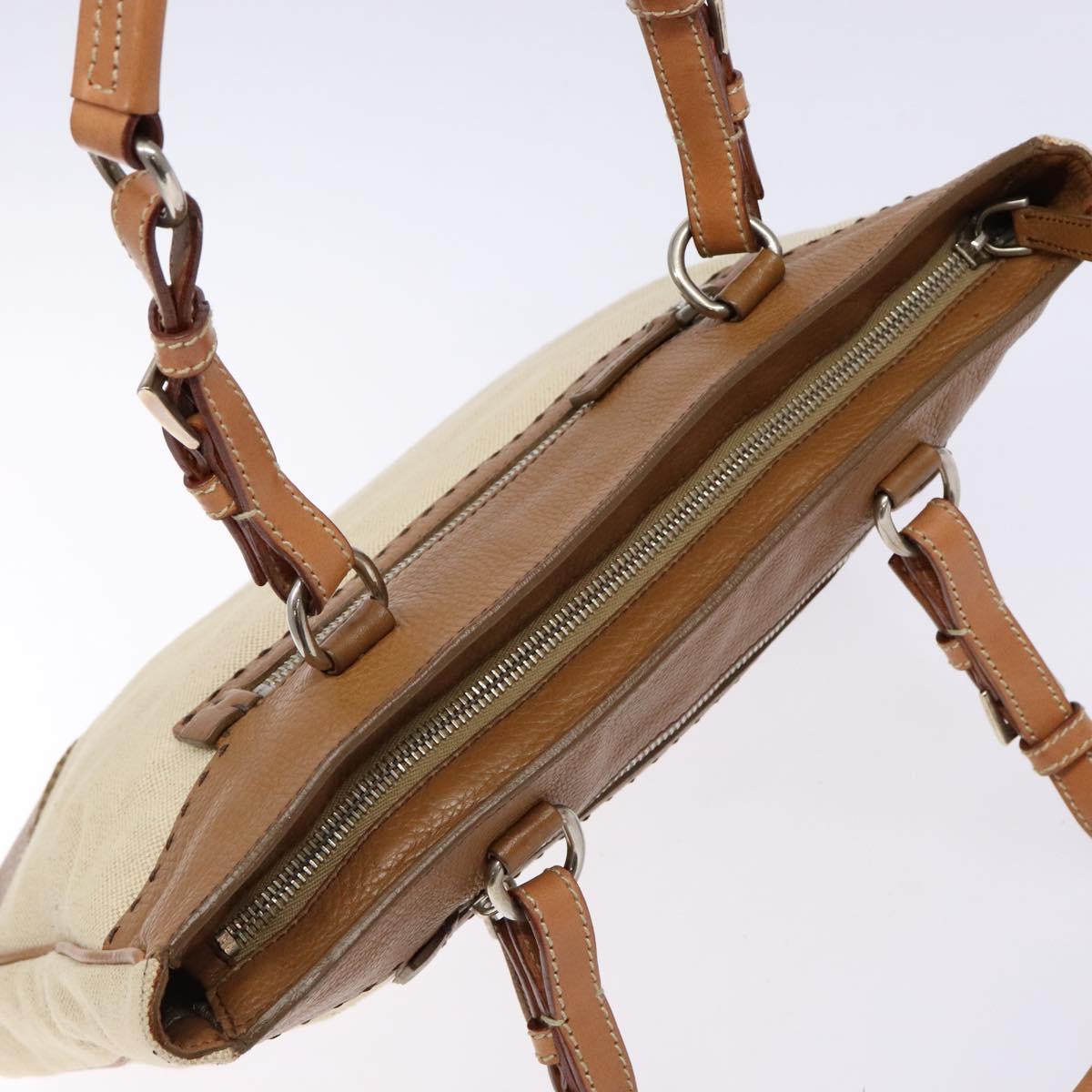 PRADA Tote Bag Canvas Leather Beige Silver Auth 141034