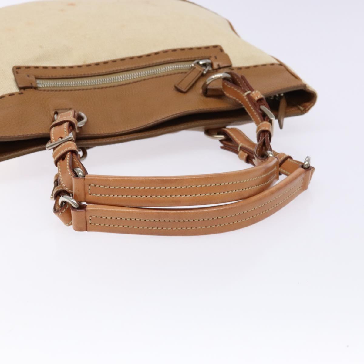 PRADA Tote Bag Canvas Leather Beige Silver Auth 141034