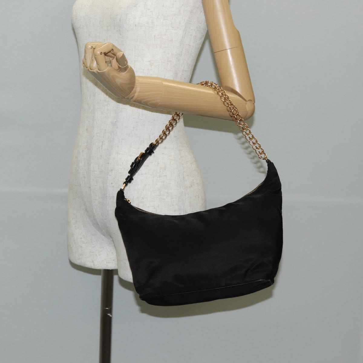 PRADA Chain Shoulder Bag Nylon Black Gold Auth 141036V