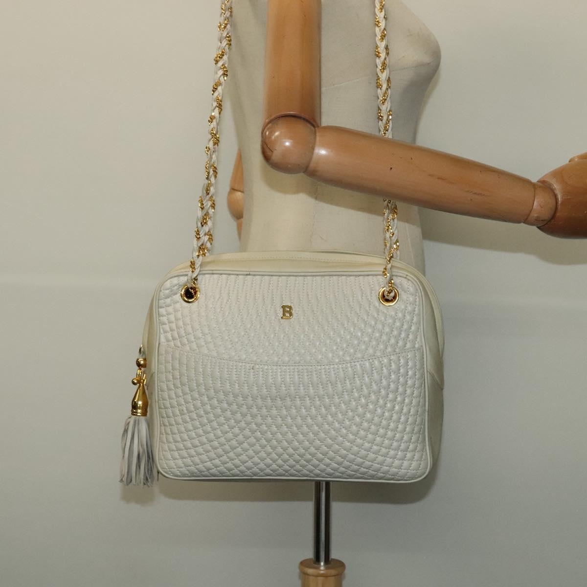 BALLY Chain Shoulder Bag Leather Ivory Gold Auth 141066