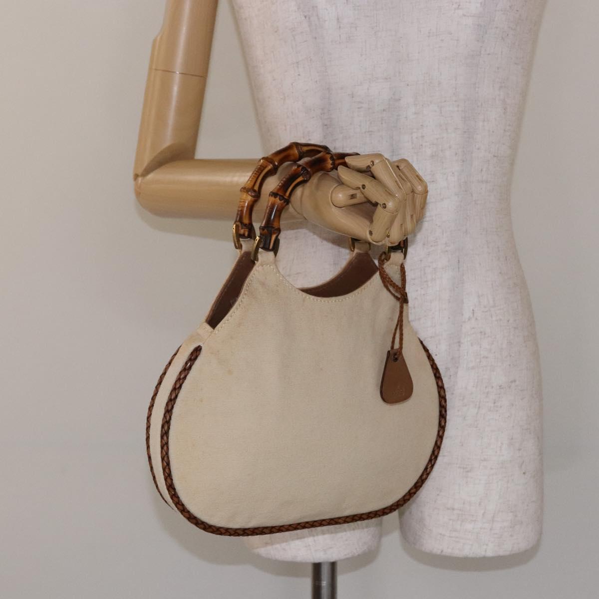 GUCCI Bamboo Hand Bag Canvas Beige Gold Auth 141068