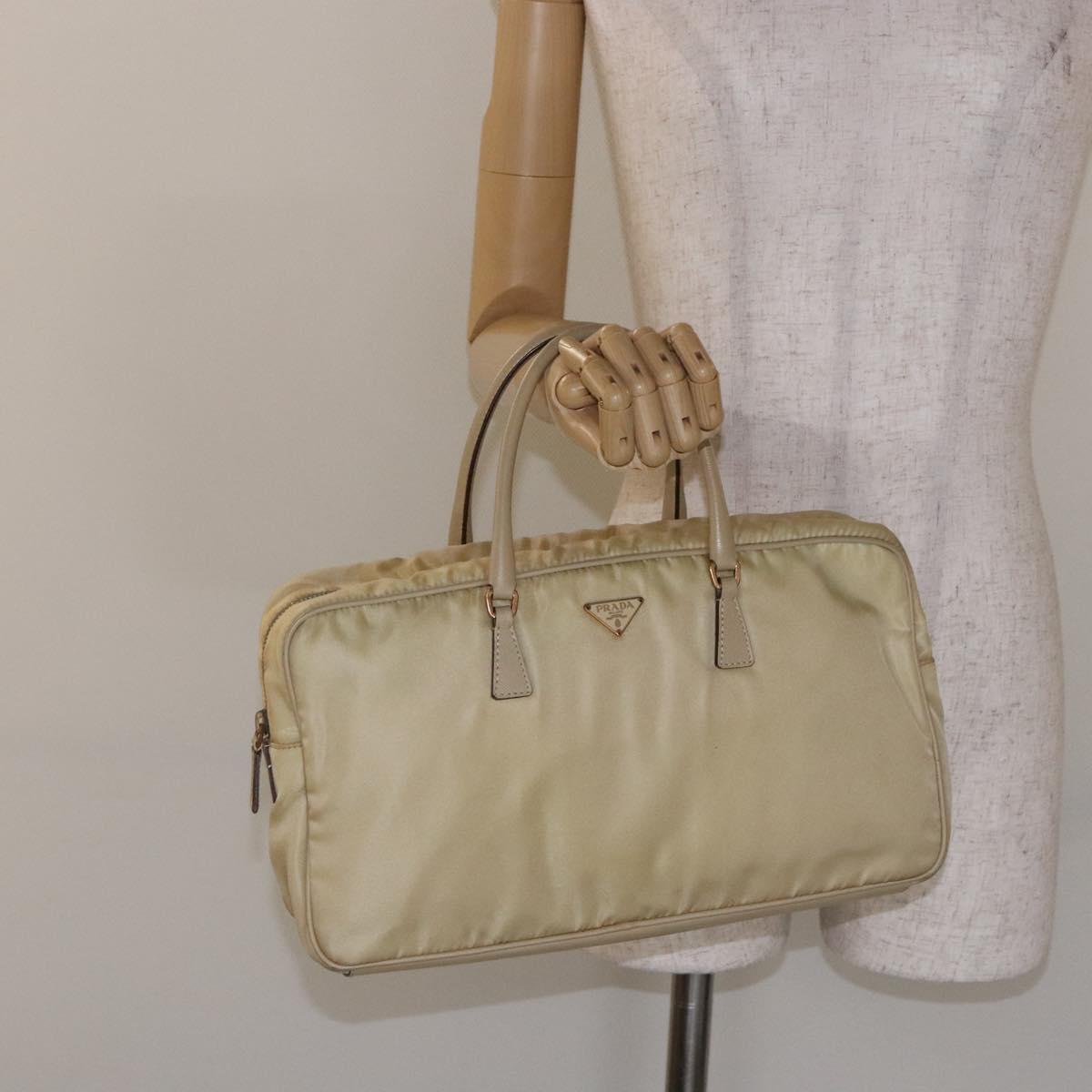 PRADA Hand Bag Nylon Beige Gold Auth 141094