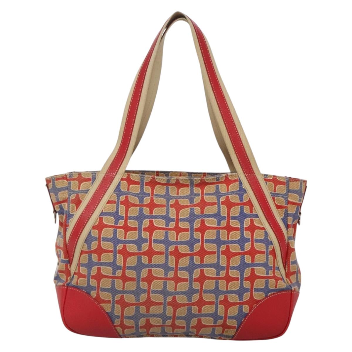 PRADA Tote Bag Canvas Leather Red Gold Auth 141096