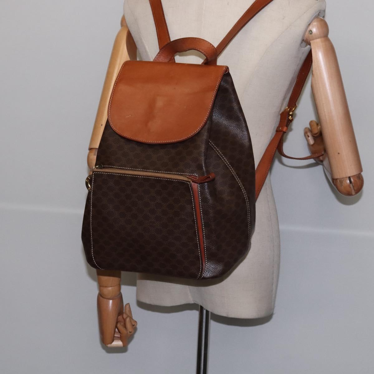 CELINE Macadam Canvas Backpack PVC Leather Brown Gold Auth 141097