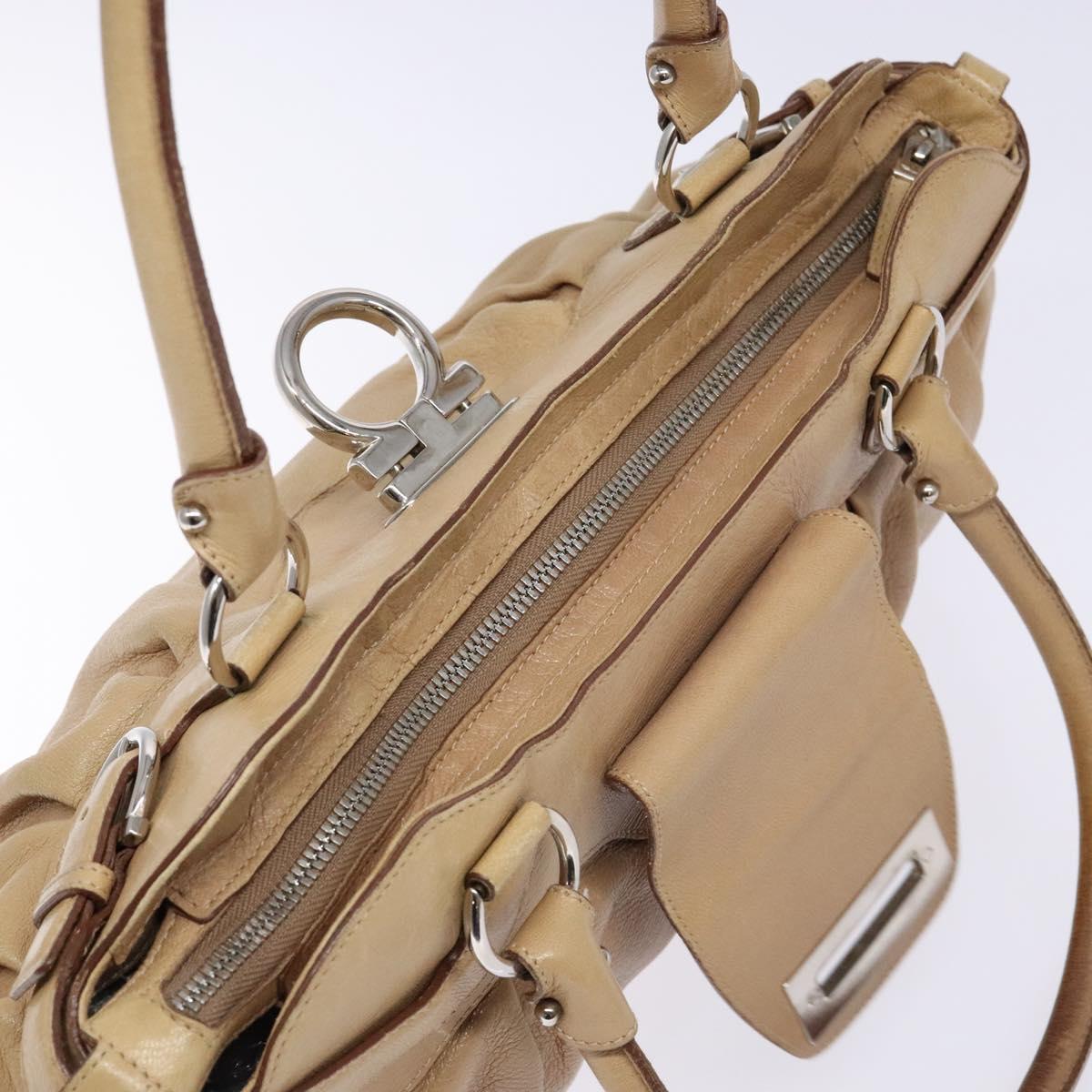 Salvatore Ferragamo Gancini Hand Bag Leather Beige Silver Auth 141104