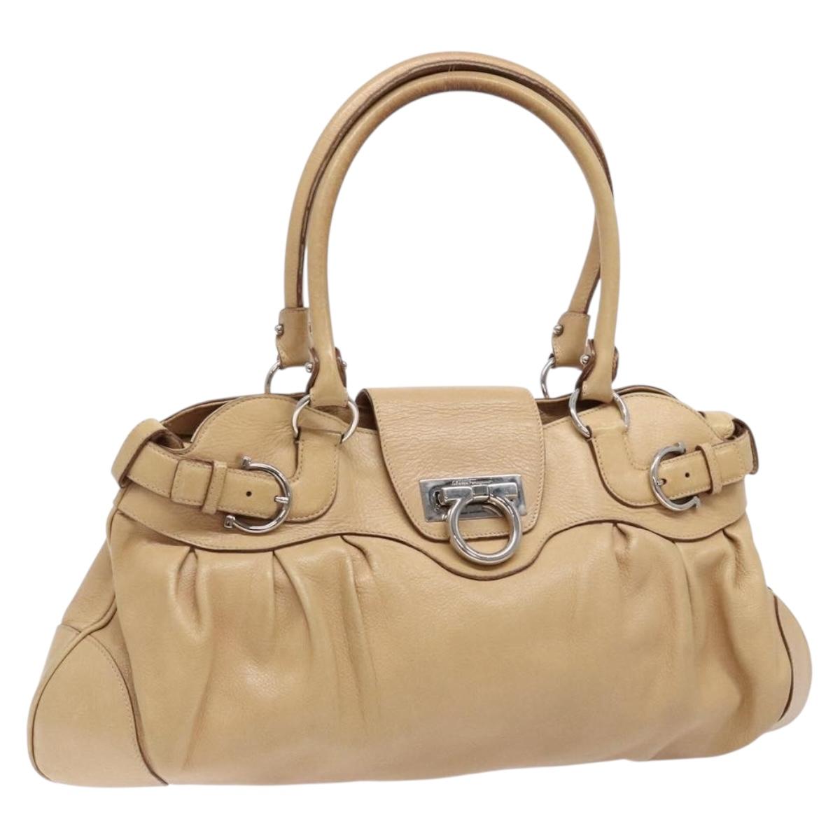 Salvatore Ferragamo Gancini Hand Bag Leather Beige Silver Auth 141104