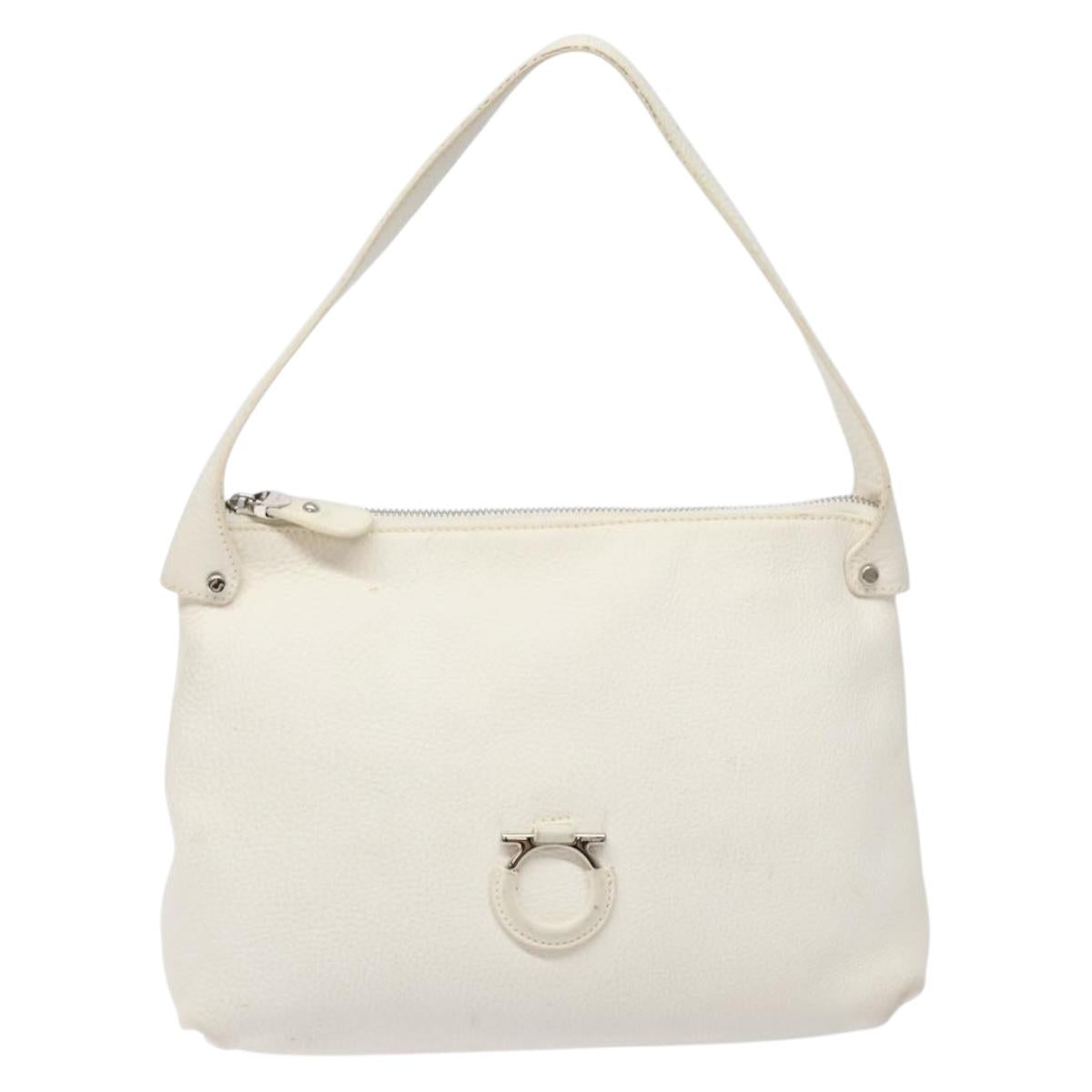 Salvatore Ferragamo Gancini Shoulder Bag Leather White Silver Auth 141105