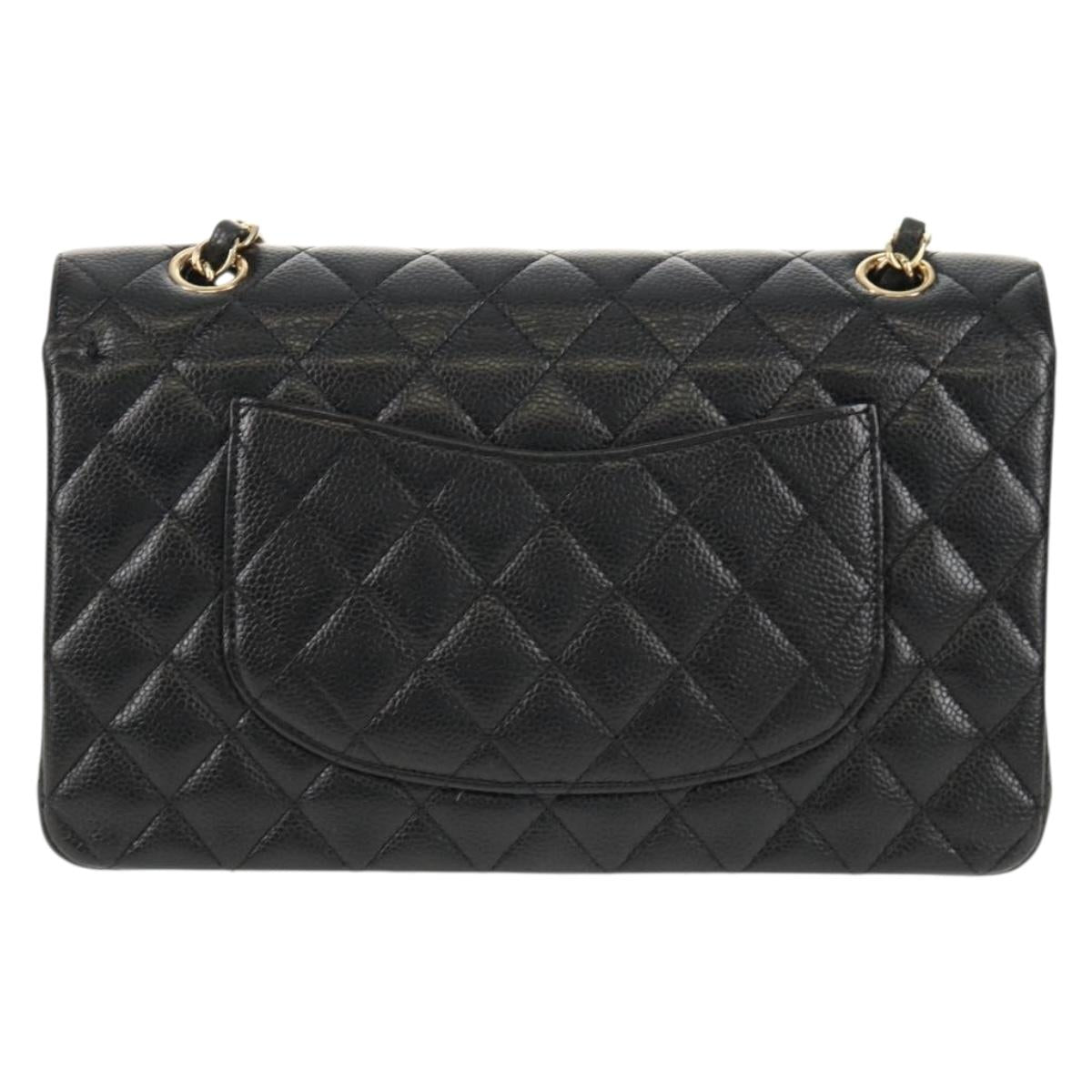 CHANEL Matelasse 25 Double Flap Chain Bag Caviar Skin Black Gold CC Auth 141138M