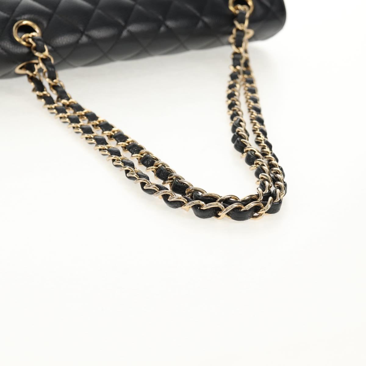 CHANEL Matelasse 25 Double Flap Chain Bag Caviar Skin Black Gold CC Auth 141138M