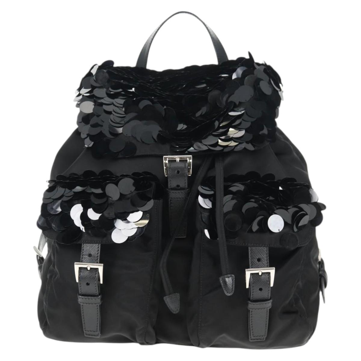 PRADA Sequin Backpack Nylon Black Silver Auth 141151M
