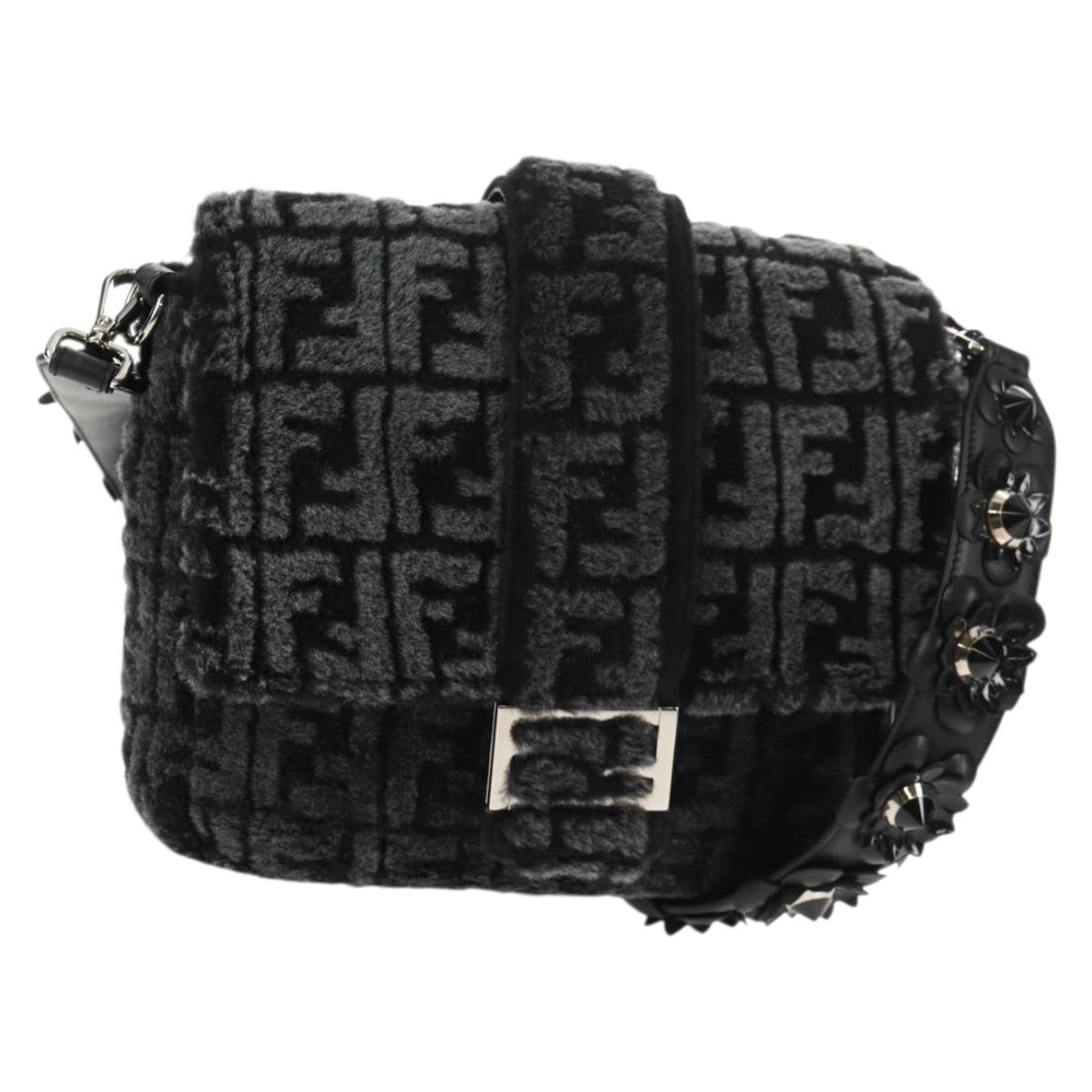 FENDI Zucca Canvas Baguette Messenger Medium Bag Black Silver Auth 141163M