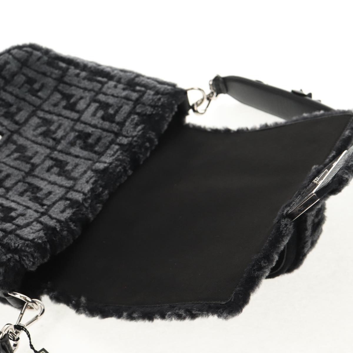 FENDI Zucca Canvas Baguette Messenger Medium Bag Black Silver Auth 141163M