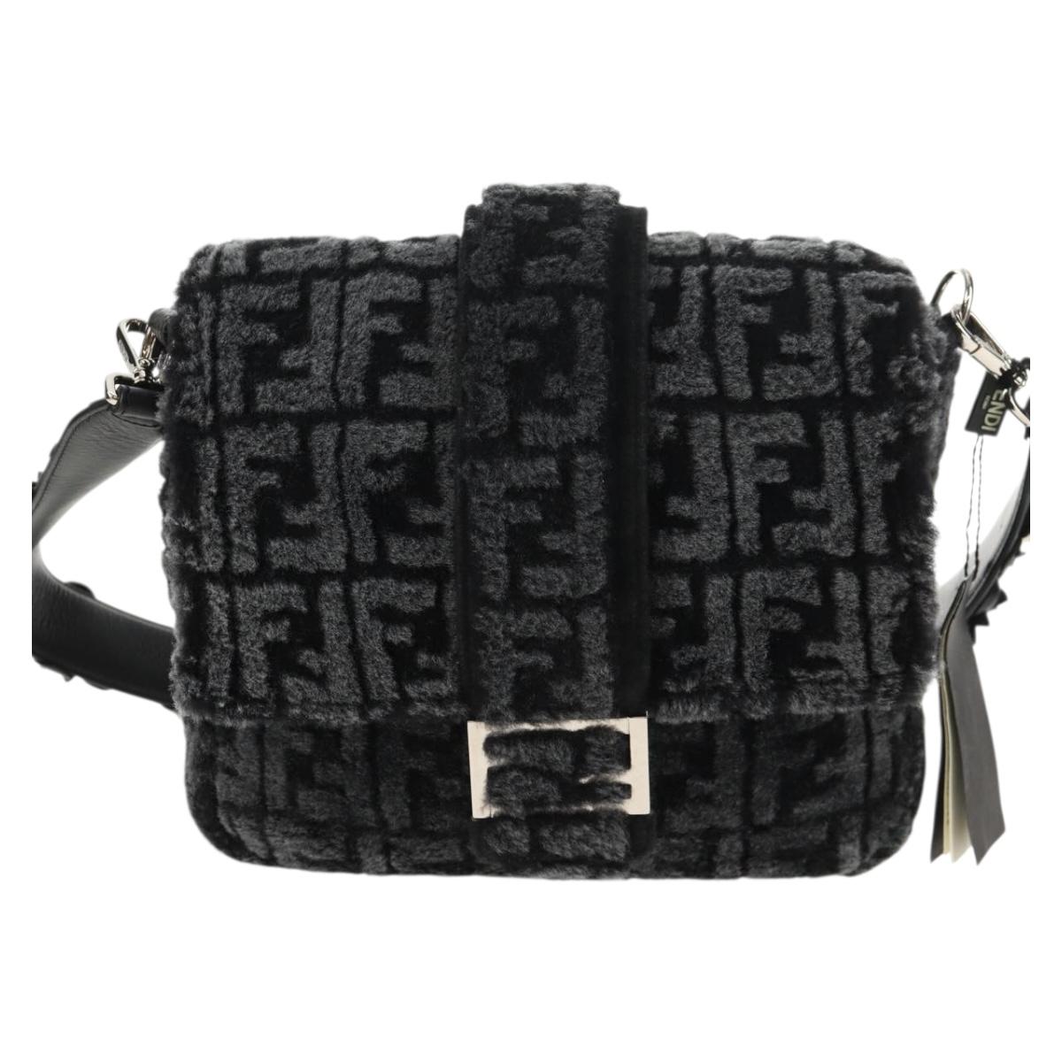 FENDI Zucca Canvas Baguette Messenger Medium Bag Black Silver Auth 141163M