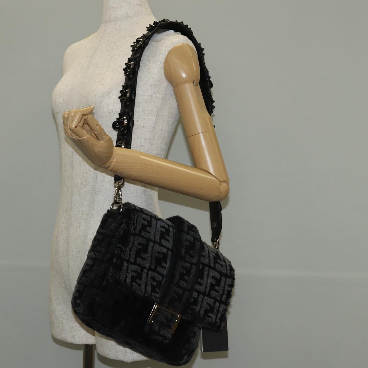 FENDI Zucca Canvas Baguette Messenger Medium Bag Black Silver Auth 141163M