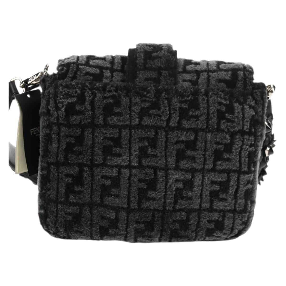 FENDI Zucca Canvas Baguette Messenger Medium Bag Black Silver Auth 141163M