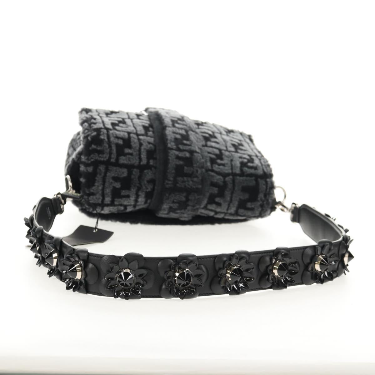 FENDI Zucca Canvas Baguette Messenger Medium Bag Black Silver Auth 141163M