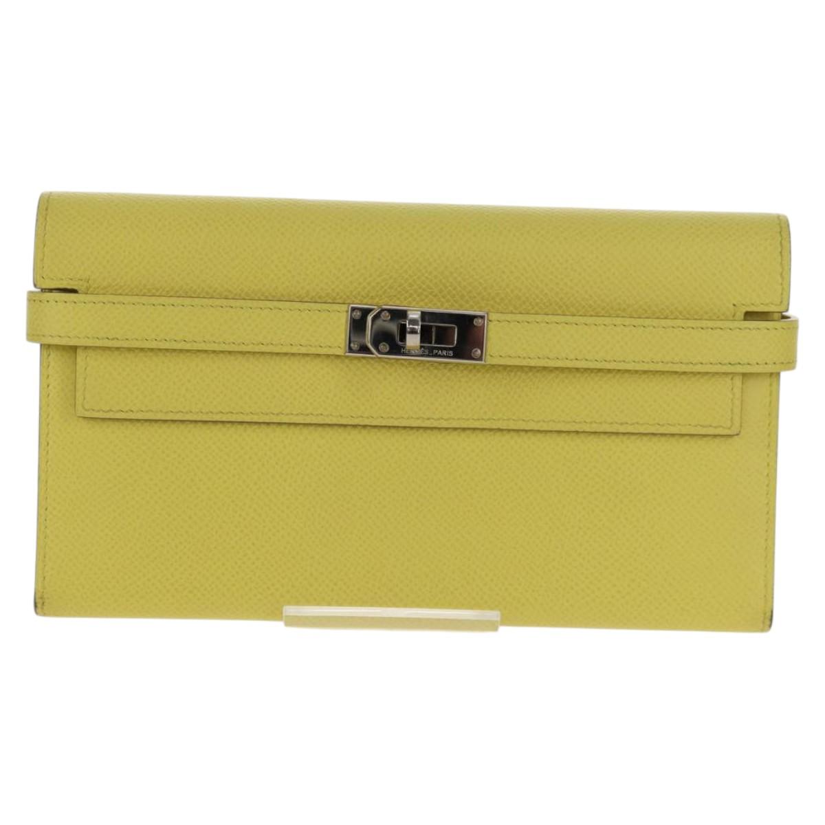HERMES Kelly Long Wallet Leather Yellow Silver Auth 141186M