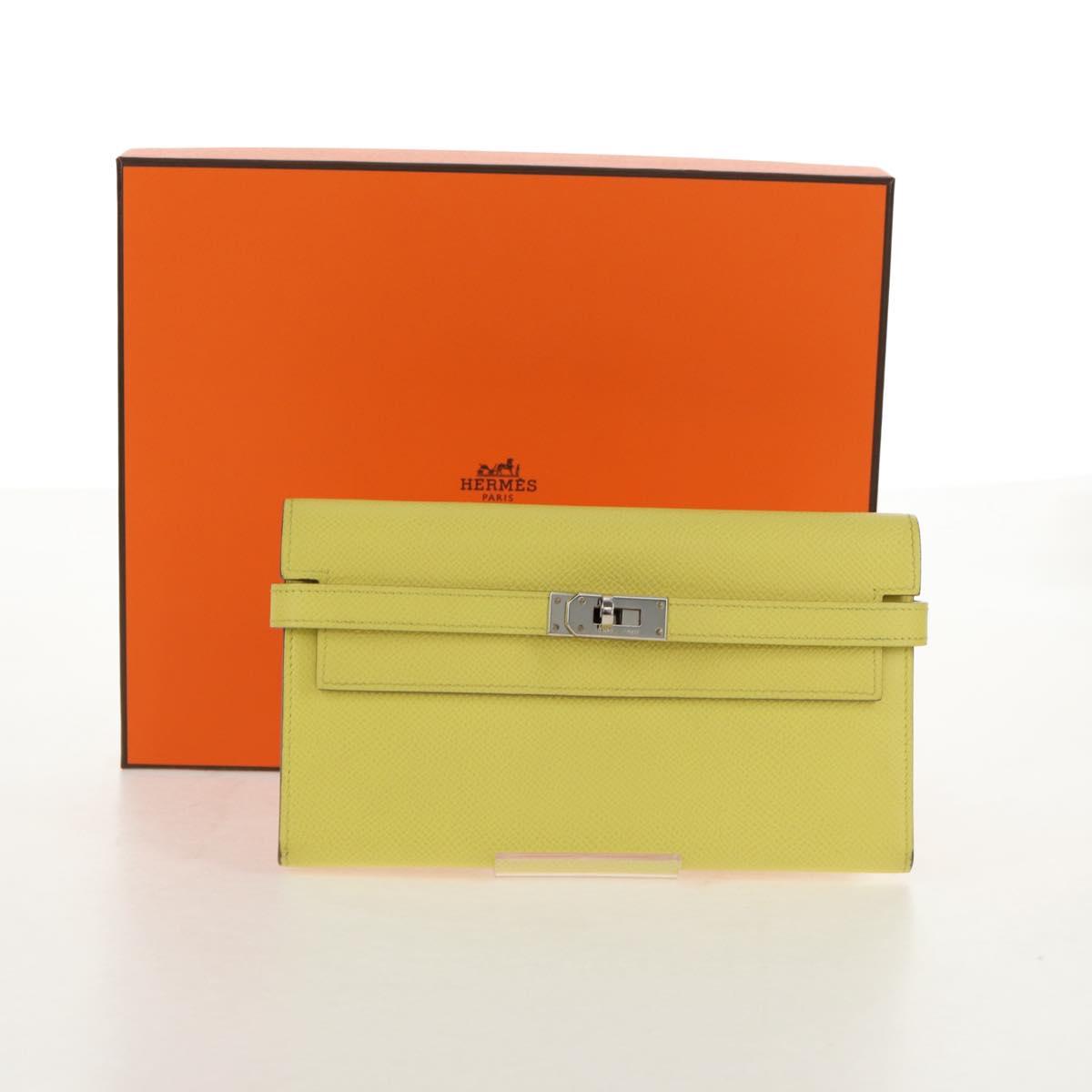 HERMES Kelly Long Wallet Leather Yellow Silver Auth 141186M