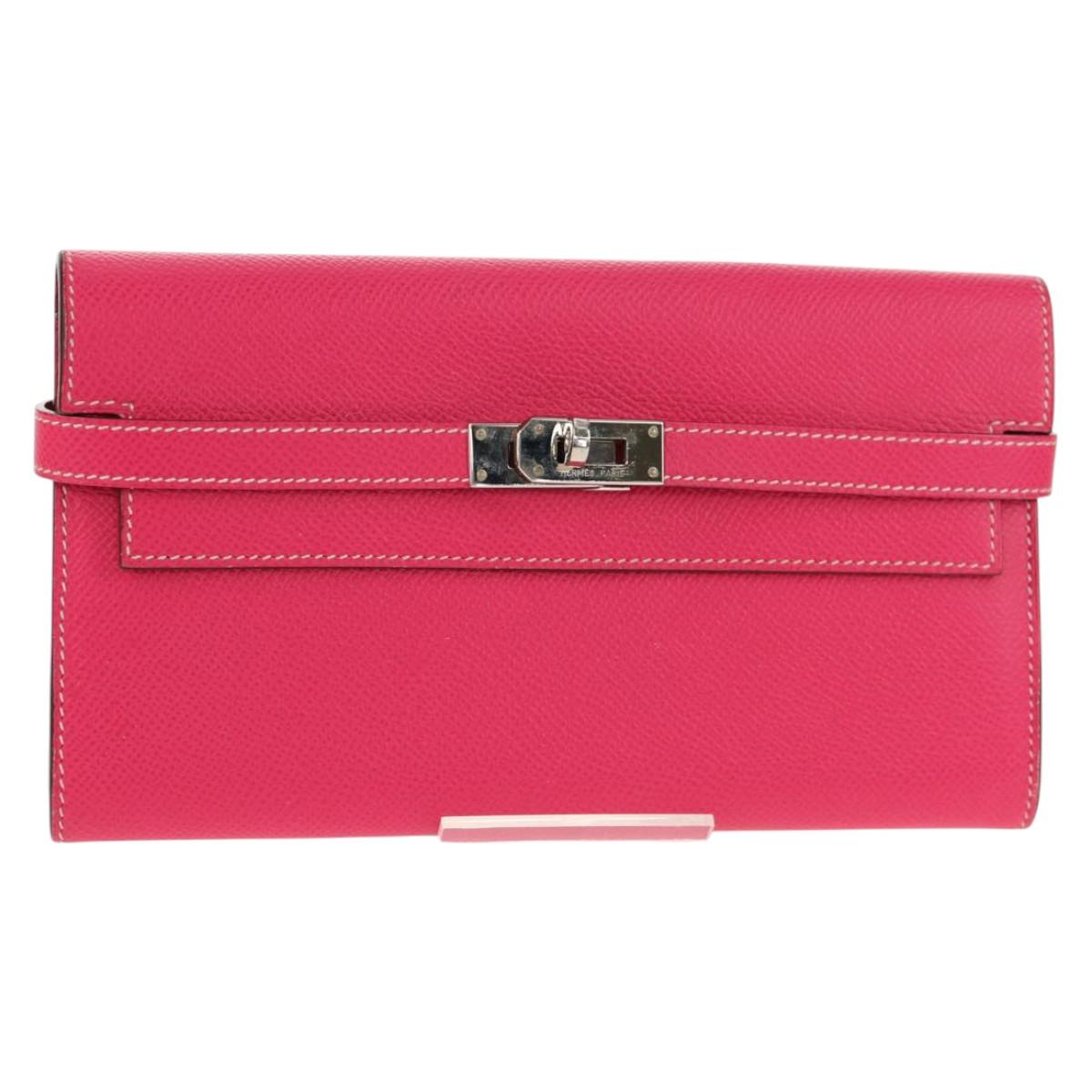 HERMES Kelly Long Wallet Leather Pink Silver Auth 141187M