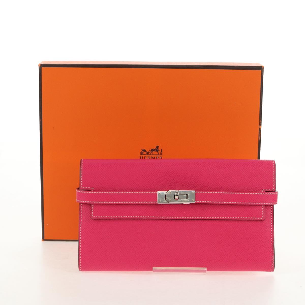HERMES Kelly Long Wallet Leather Pink Silver Auth 141187M