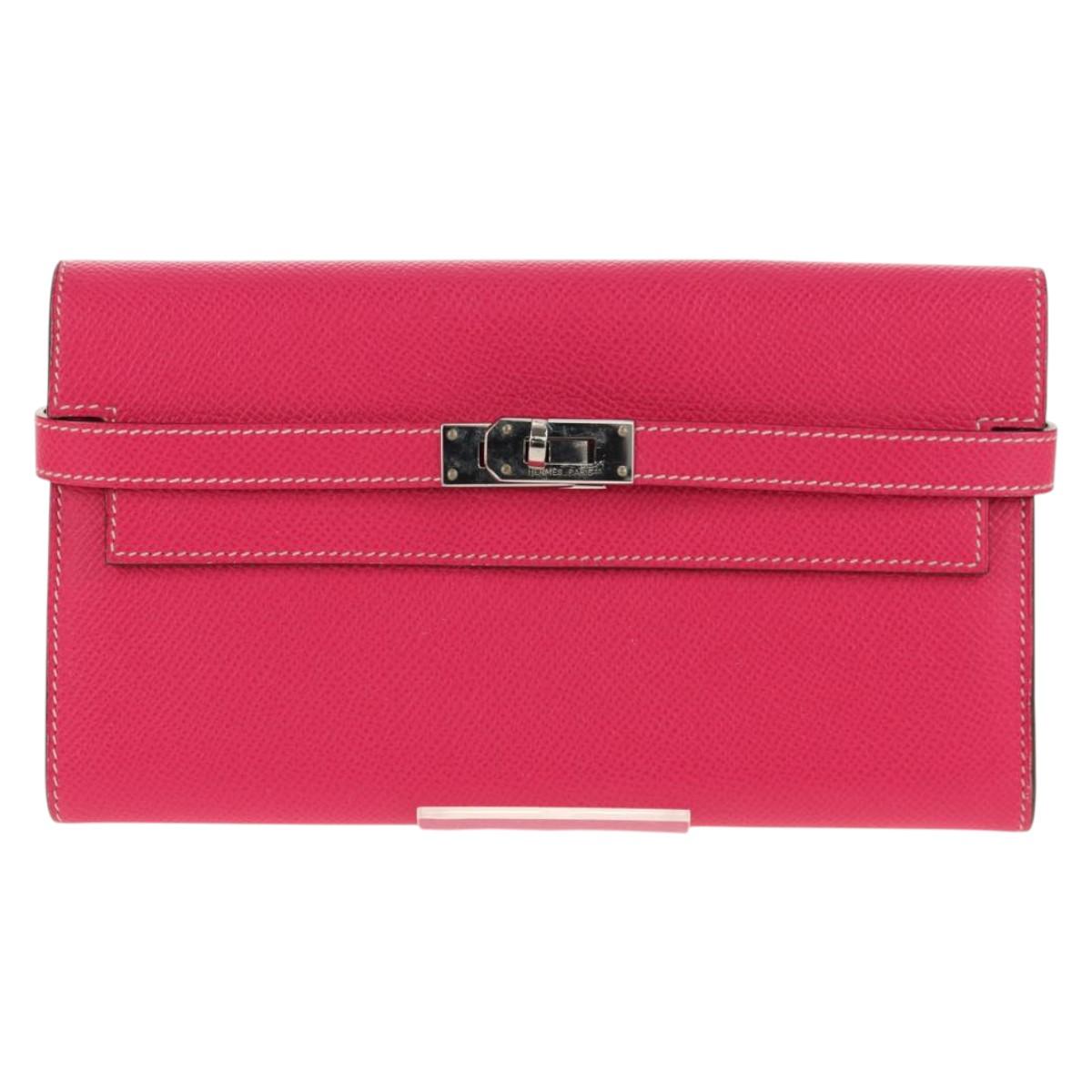 HERMES Kelly Long Wallet Leather Pink Silver Auth 141187M