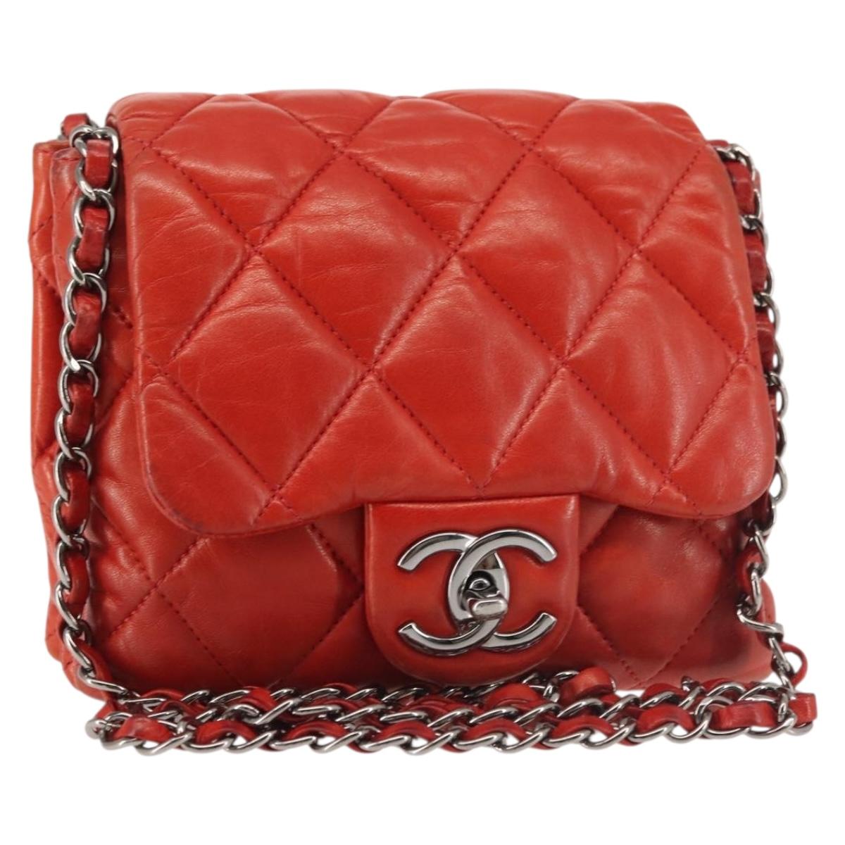 CHANEL Matelasse Chain Shoulder Bag Lamb Skin Red CC Auth 141220