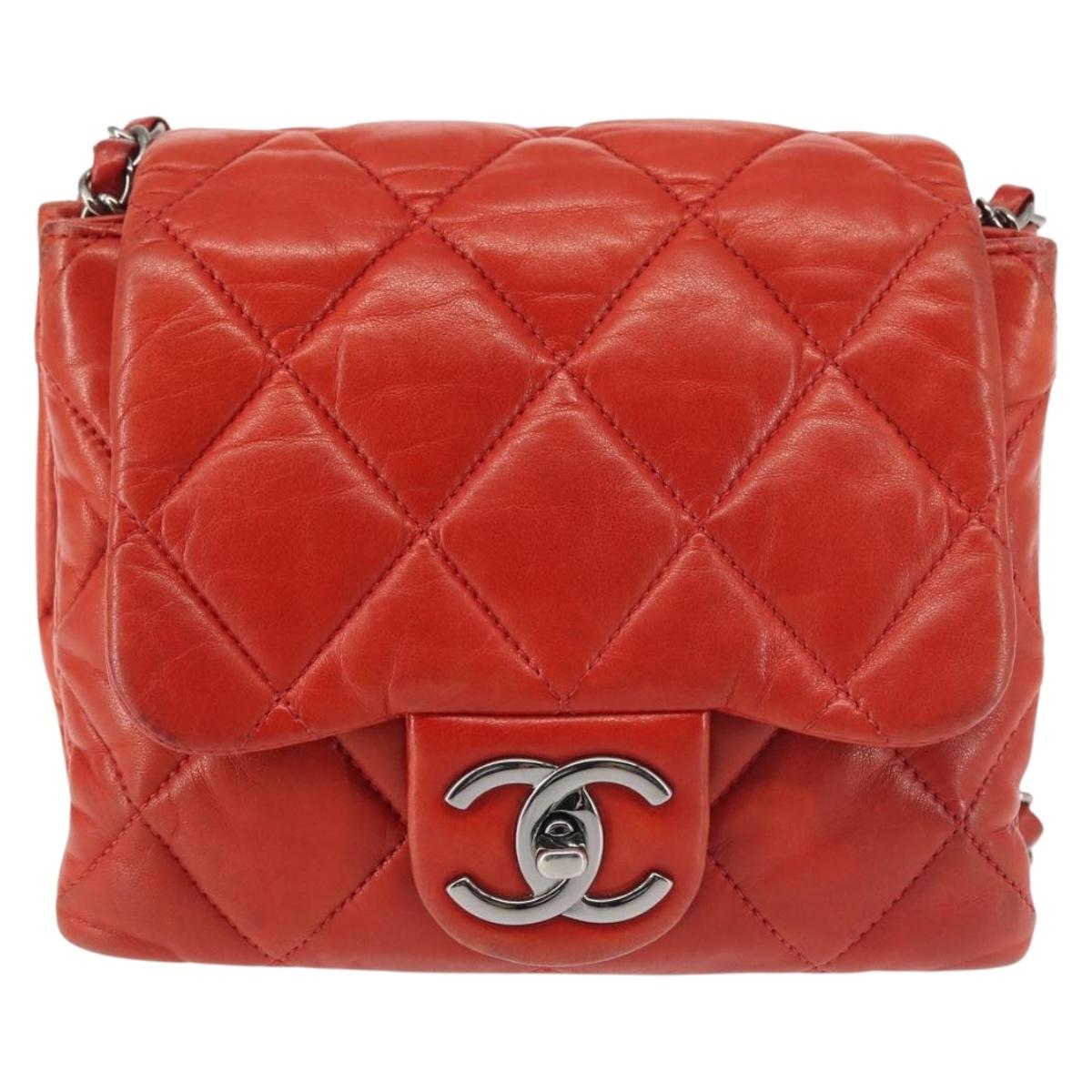 CHANEL Matelasse Chain Shoulder Bag Lamb Skin Red CC Auth 141220