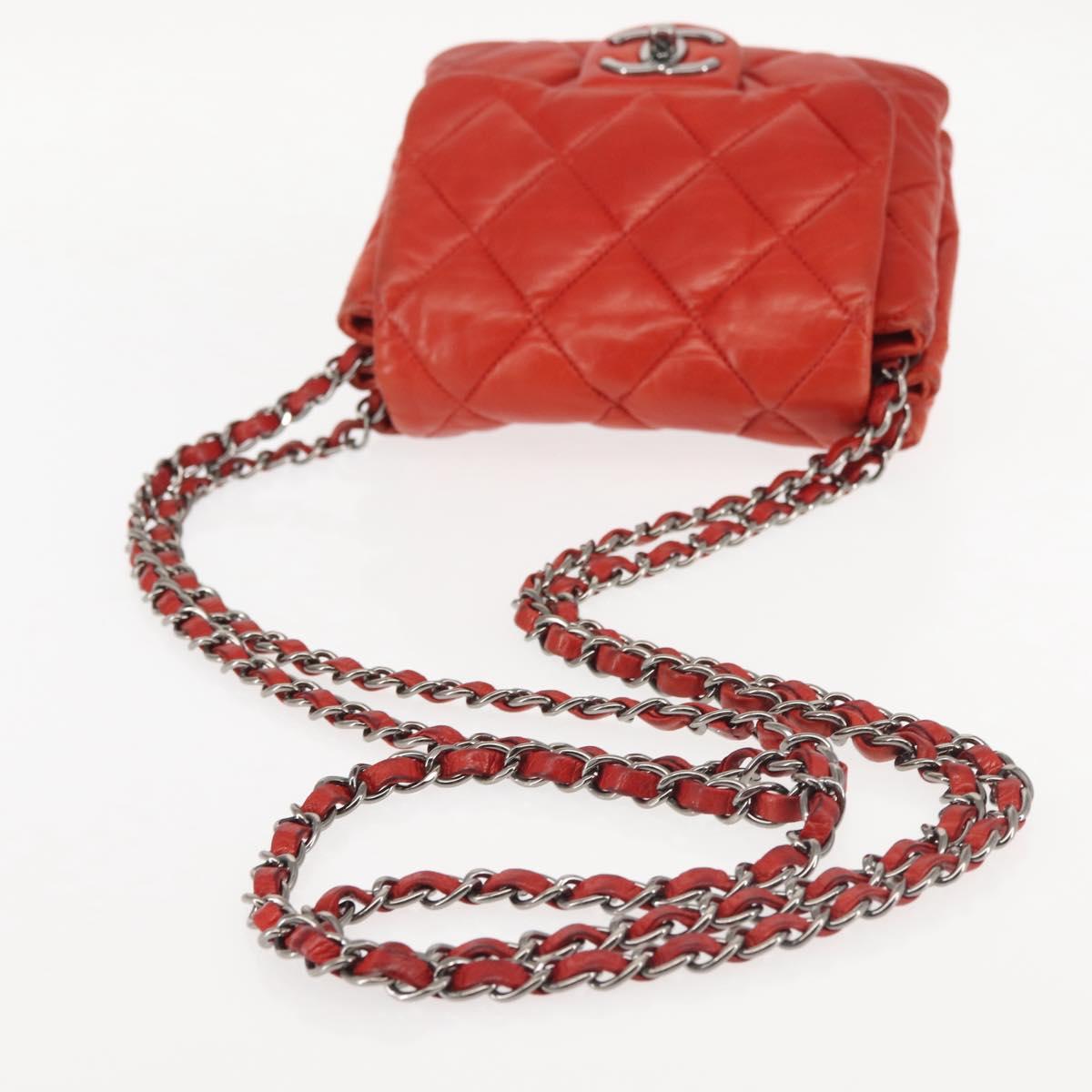 CHANEL Matelasse Chain Shoulder Bag Lamb Skin Red CC Auth 141220