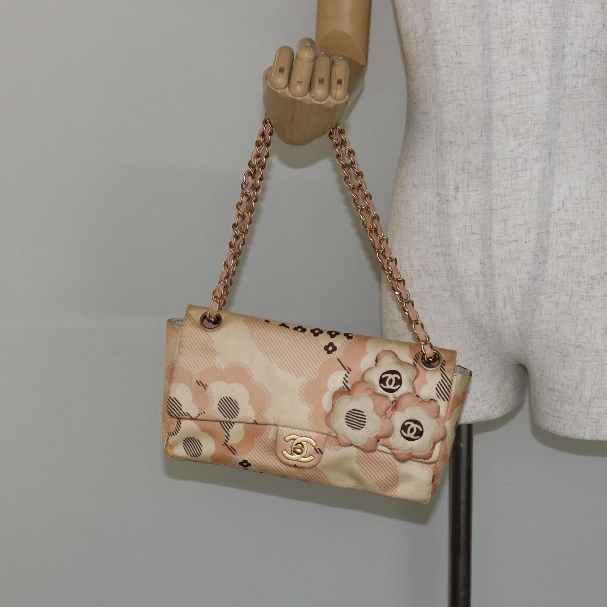 CHANEL Camelia Chain Shoulder Bag Satin Pink Gold CC Auth 141221