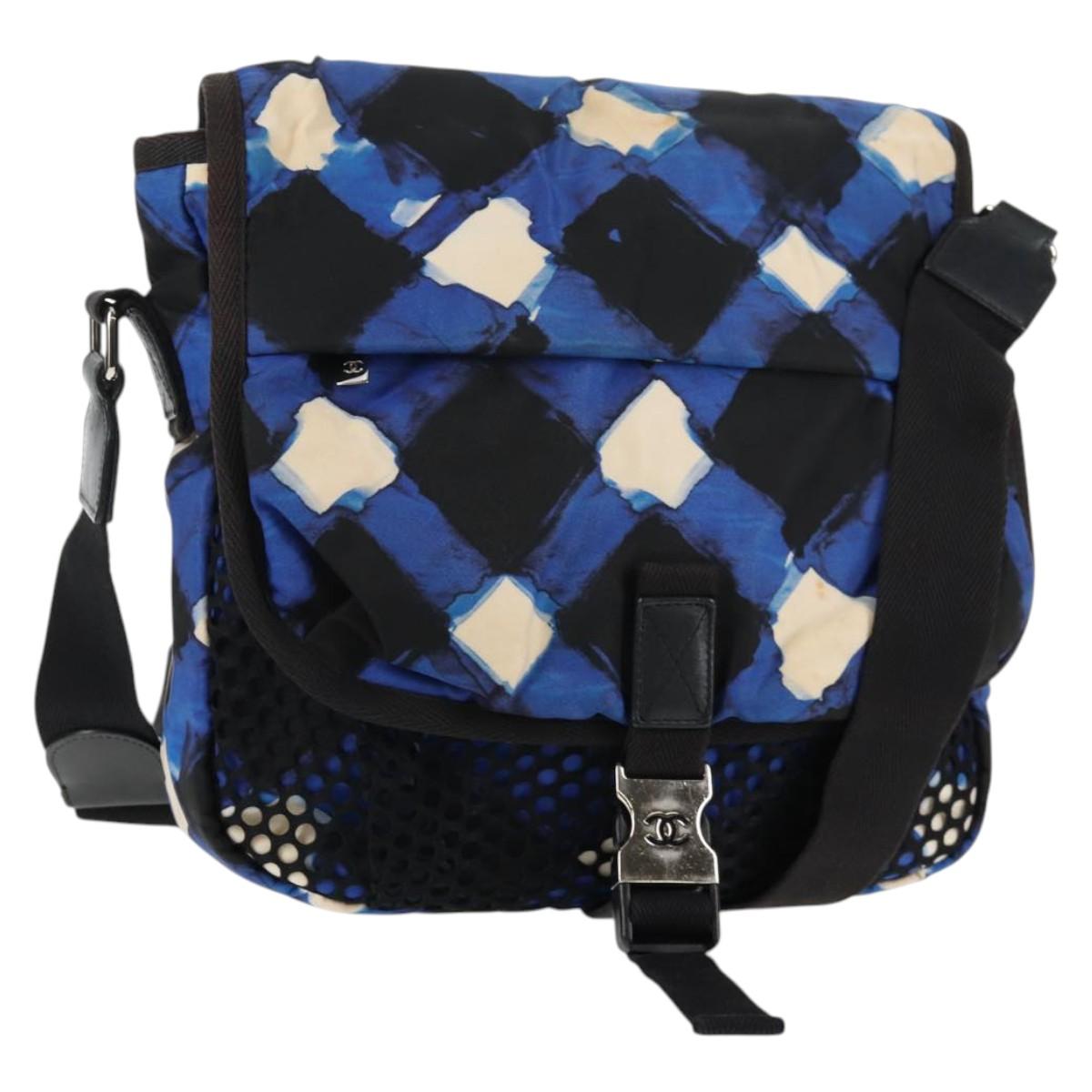 CHANEL Shoulder Bag Nylon Blue Black Silver CC Auth 141222A