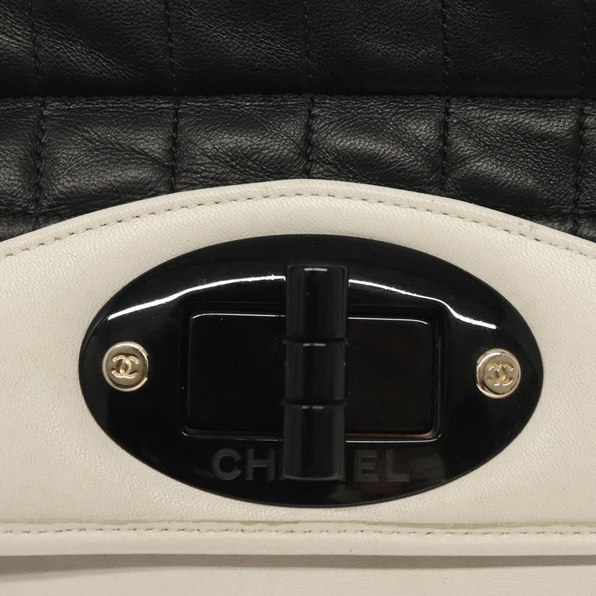 CHANEL Chain Choco Bar Line Bag Lamb Skin Black White gold CC Auth 141256
