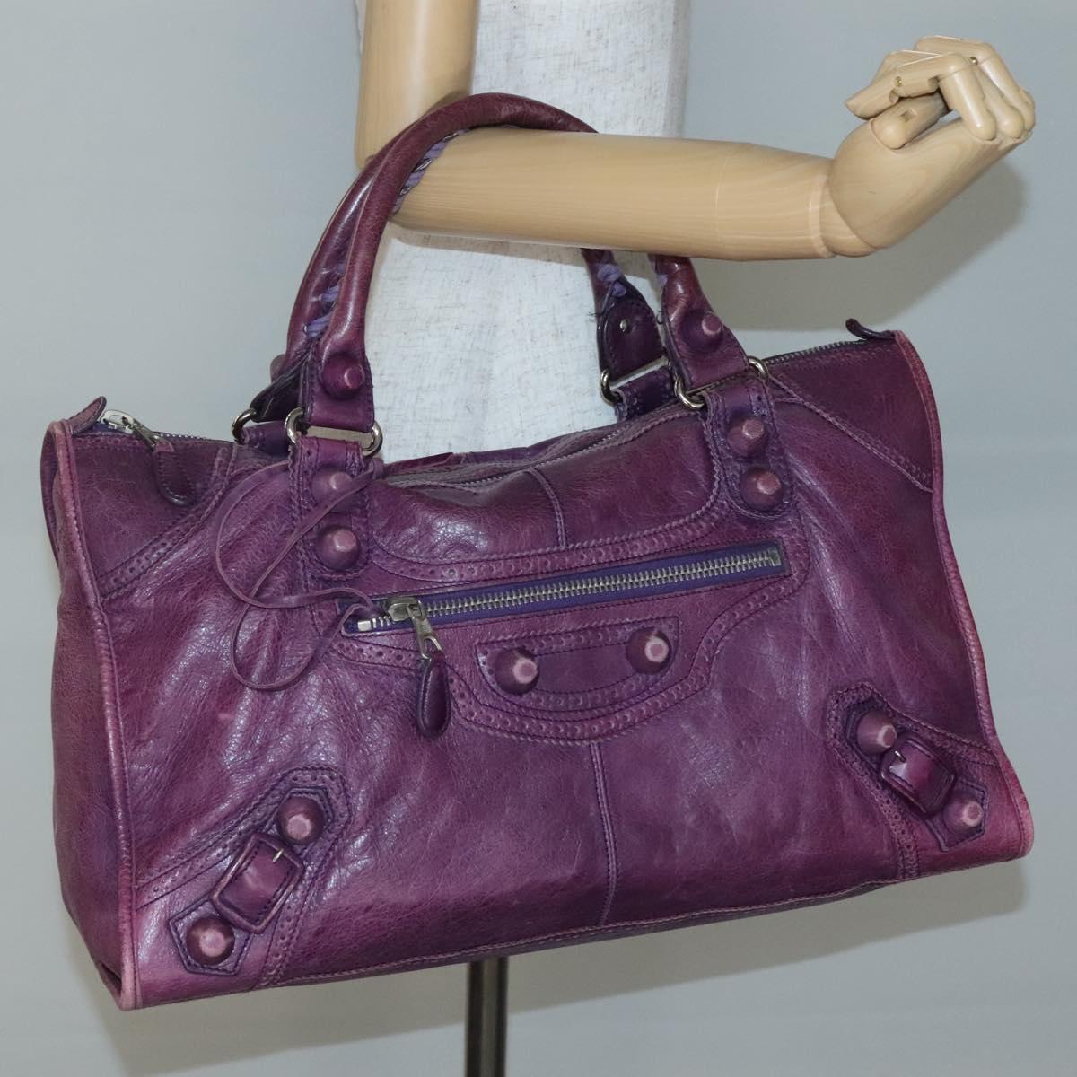 BALENCIAGA The Work Hand Bag Leather Purple Silver Auth 141272
