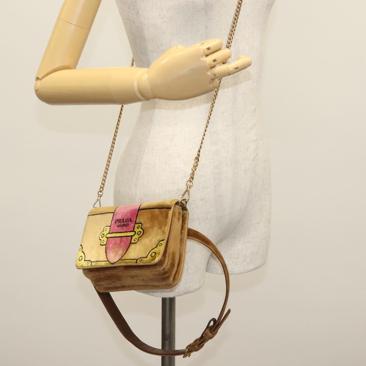 PRADA Chain Kaye Shoulder Bag Velor Beige Gold Auth 141360