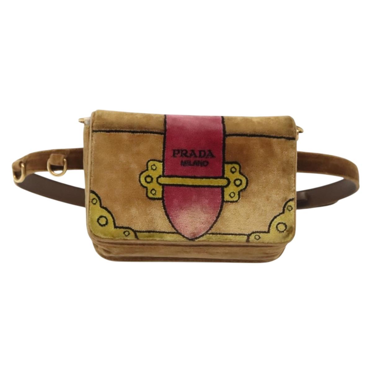 PRADA Chain Kaye Shoulder Bag Velor Beige Gold Auth 141360