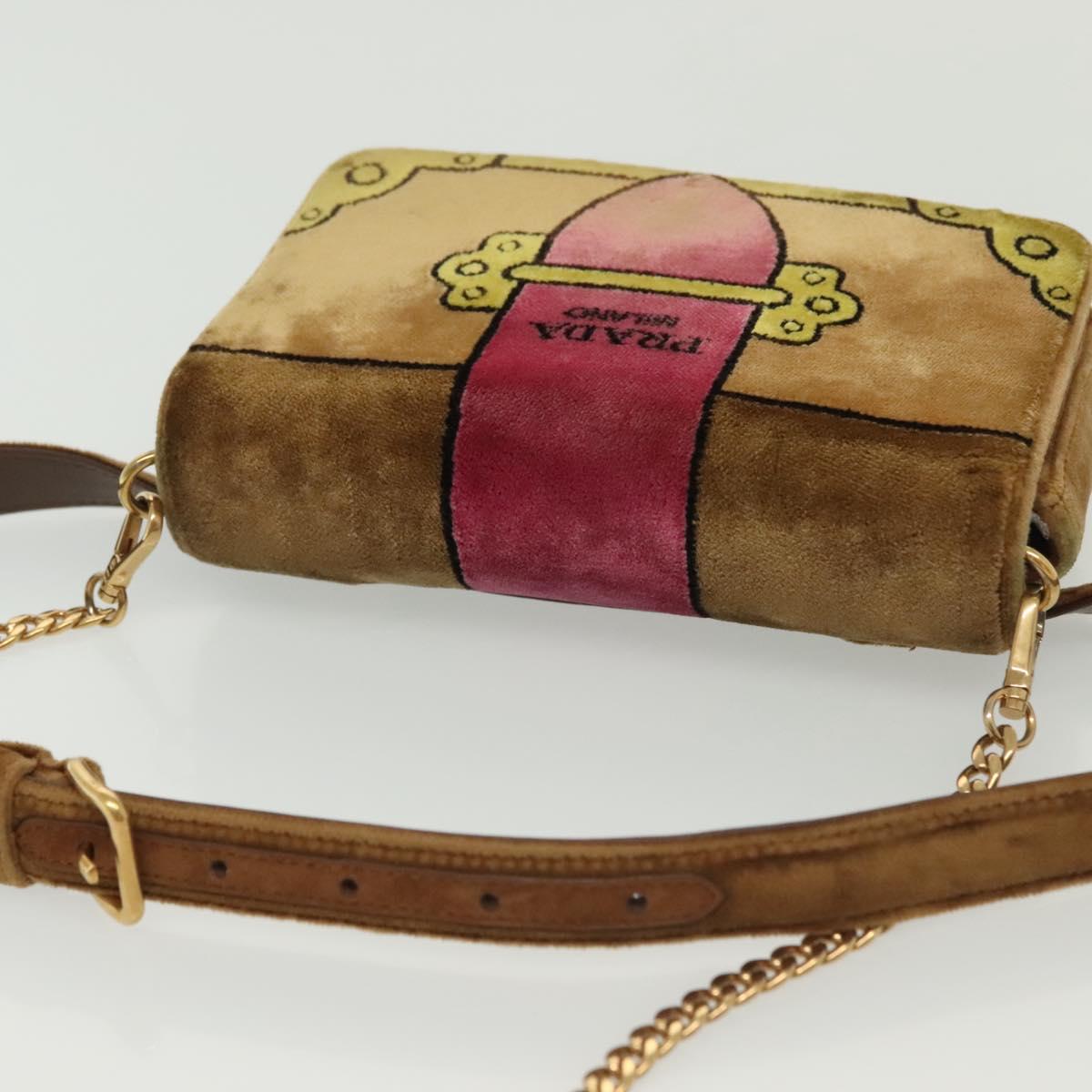 PRADA Chain Kaye Shoulder Bag Velor Beige Gold Auth 141360