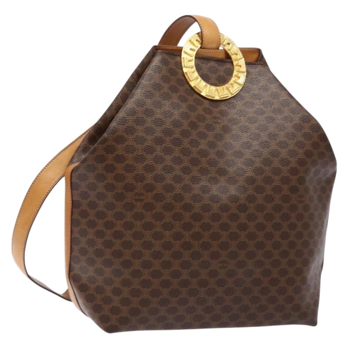 CELINE Macadam Canvas Shoulder Bag PVC Leather Brown Gold Auth 141402