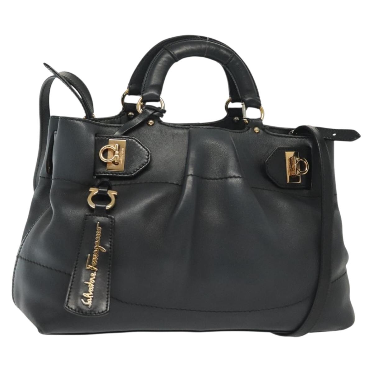 Salvatore Ferragamo Gancini Hand Bag Leather 2way Navy Gold Auth 141427